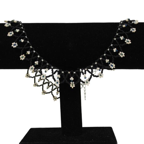Handmade Collar Length Beaded Necklace Black & Cream - Picture 1 of 8